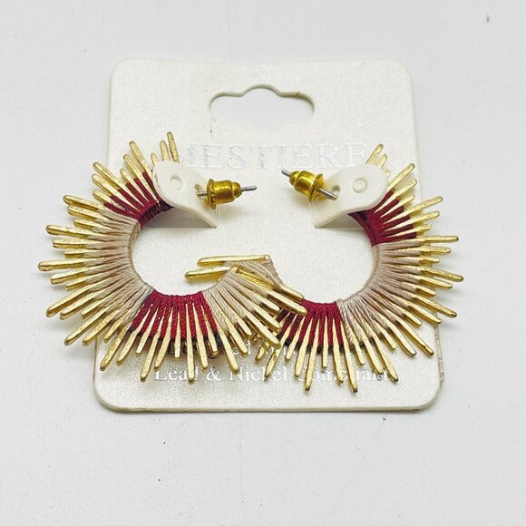 MESTIERE NY Earrings Theodora Hoop New on Card Red Gold Tone Pierced Signed - Picture 2 of 11